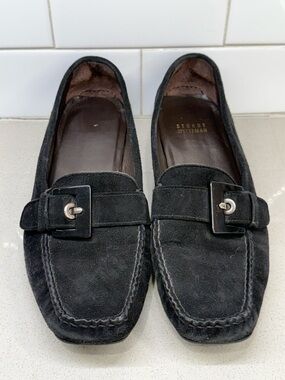 Stuart Weitzman Black Suede Buckle Loafers - Square Buckle Detail